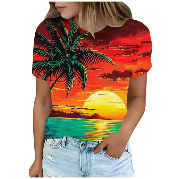 jtjvou Women's Trendy Fashion Short Sleeve Tuinc Summer Plus Size Lady Sunset Print Pullover Round Neck Pullover Going out Tops for Teen Multicolor,S