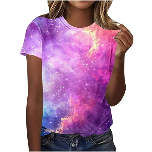 jtjvou Women's Trendy Fashion Short Sleeve Blouse Starry Sky Tees Plus Size Crewneck Tuinc Going out Tops for Teen Summer Multicolor,XXXL