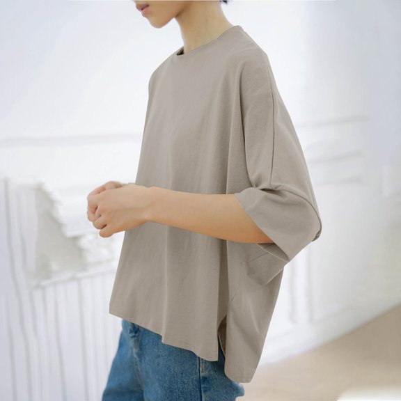 jtjvou Women's Batwing Sleeve Split Hem Loose Crew Neck Tunic Tops Casual Summer Lightweight Pullover T-Shirt Blouses Yellow L