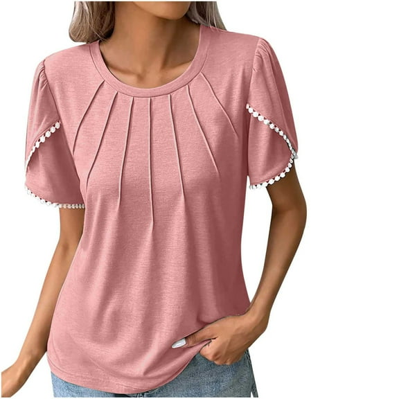 jtjvou Women's Blouse Casual Loose Fit Round Neck Ruffle Sleeve t-Shirt Pleated Front Lightweight Flowy Dressy Tunic Tops Red XXL