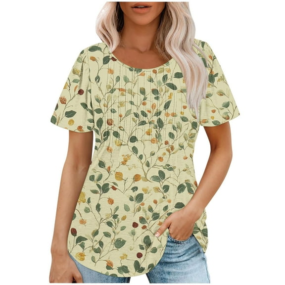 jtjvou Women's Short Sleeve Tops Crewneck Pullover Going out Tops for Teen Trendy Fashion Plus Size Summer Floral Blouse Lady Multicolor,M