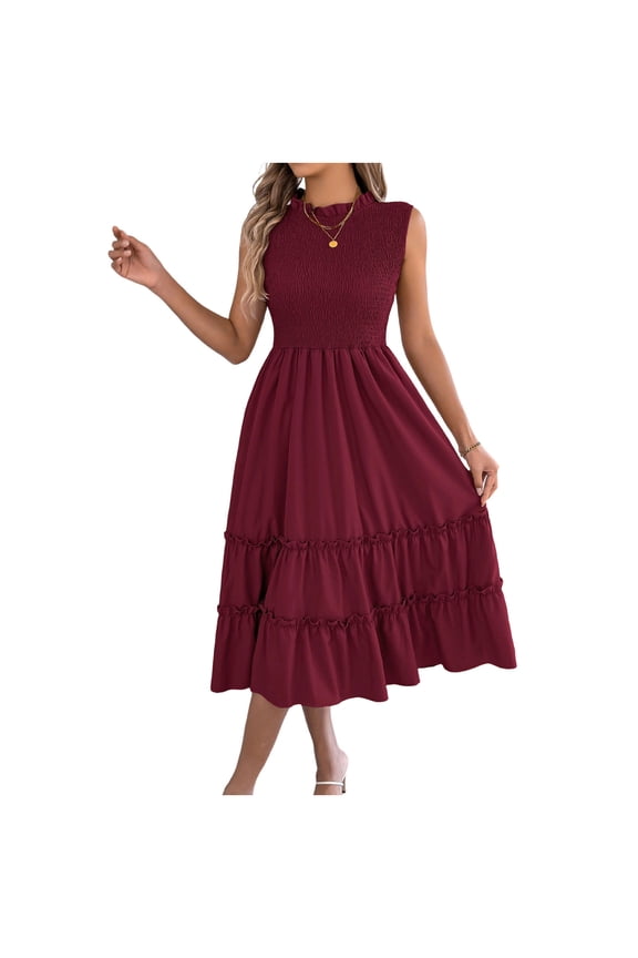 Women's Boho Sleeveless High Waist Flowy A Line Midi Dress Casual Wedding Guest Party Fashion Dresses Wine S