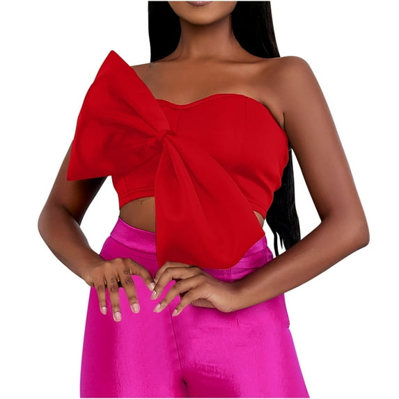 jtjvou Women's Bow Tie Tube Tops Bra Strapless Backless Crop Tank Top Red M