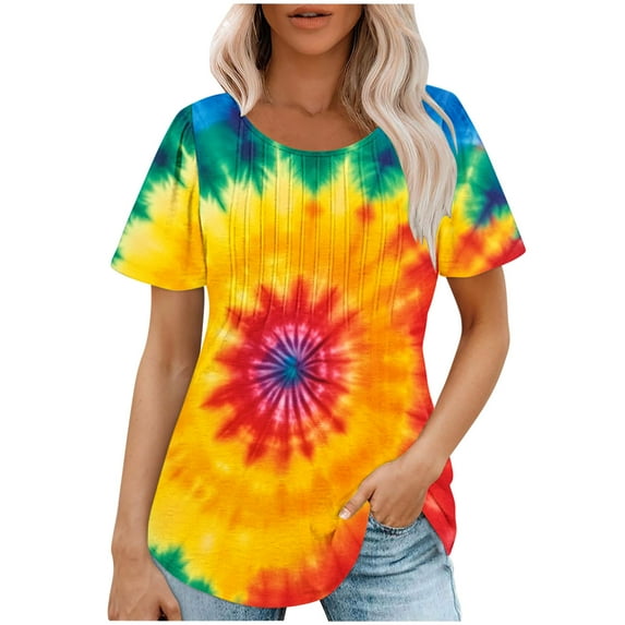 jtjvou Women's Casual Loose Short Sleeve Blouse Going out Tops for Teen Tie Dye Print Tees Summer Crewneck Shirts Trendy Fashion Lady Multicolor,M