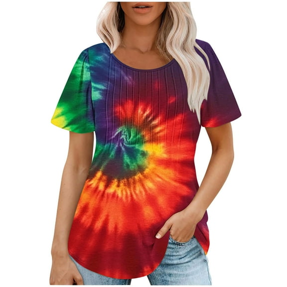 jtjvou Women's Crewneck Pullover Tie Dye Tees Going out Tops for Teen Short Sleeve Blouse Summer Trendy Fashion Plus Size Lady Multicolor,L