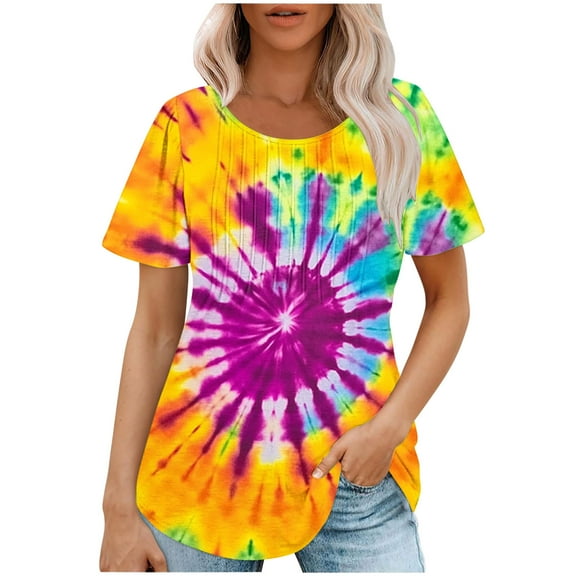 jtjvou Women's Crewneck Tees Tie Dye Tuinc Going out Tops for Teen Short Sleeve Shirts Summer Lady Casual Loose Trendy Fashion Multicolor,XL