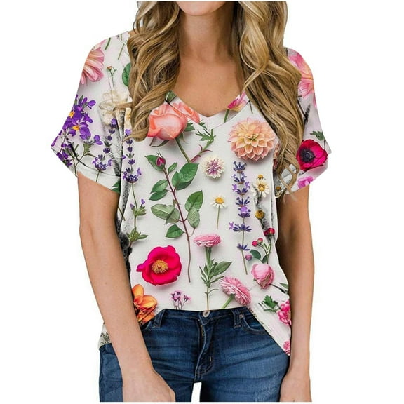 jtjvou Women's Going out Tops for Teen Floral Shirts Summer Lady Oversize Short Sleeve Tees V-Neck Tees Trendy Fashion Multicolor,S