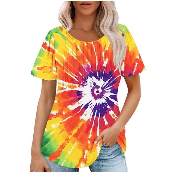 jtjvou Women's Going out Tops for Teen Tie Dye Blouse Trendy Fashion Casual Loose Summer Short Sleeve Tops Lady Round Neck Tees Multicolor,XL