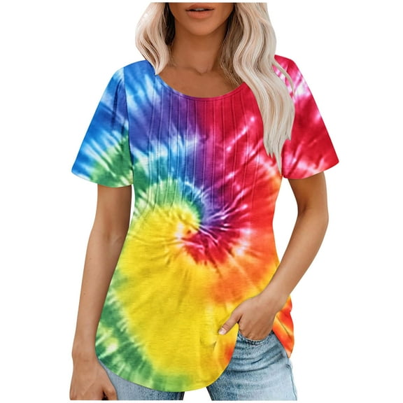 jtjvou Women's Going out Tops for Teen Tie Dye Print Blouse Trendy Fashion Lady Round Neck Tees Oversize Summer Short Sleeve Tops Multicolor,M