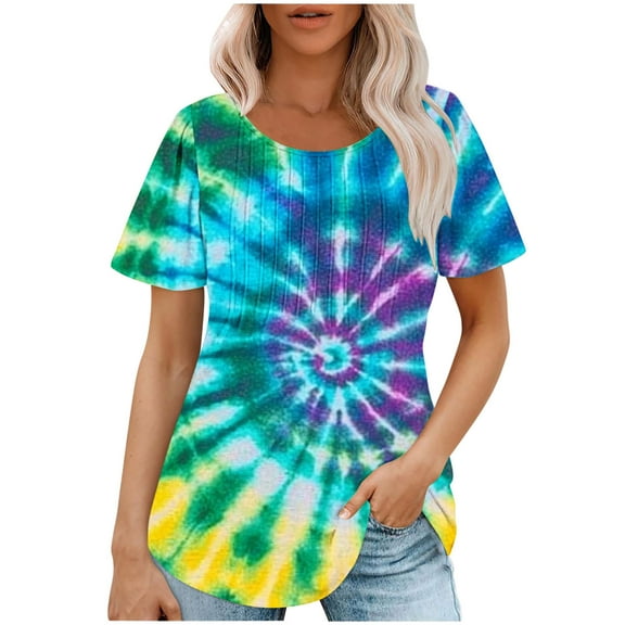 jtjvou Women's Going out Tops for Teen Tie Dye Shirts Trendy Fashion Lady Plus Size Round Neck Tees Summer Short Sleeve Tees Multicolor,L