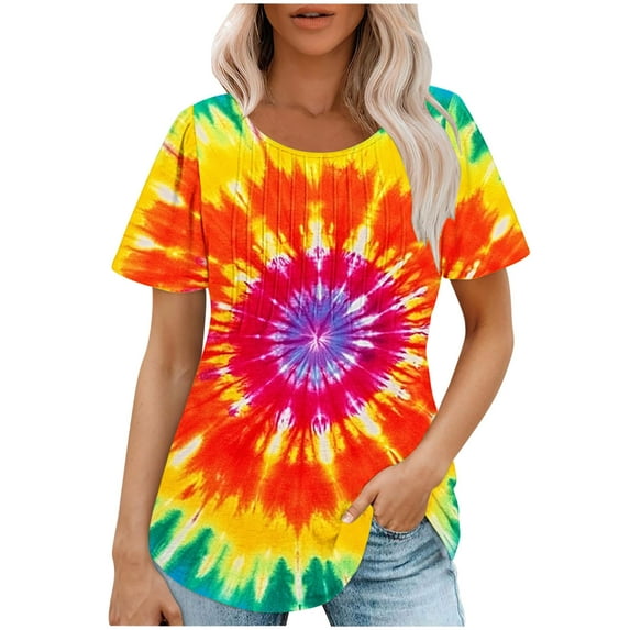 jtjvou Women's Going out Tops for Teen Tie Dye Shirts Trendy Fashion Oversize Summer Lady Crewneck Tuinc Short Sleeve Tees Multicolor,XXL
