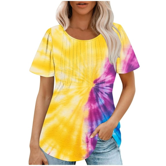 jtjvou Women's Business Work Blouse Going out Tops for Teen Tie Dye Tees Trendy Fashion Lady Summer Short Sleeve Blouse Crewneck Pullover Casual Loose Multicolor,L