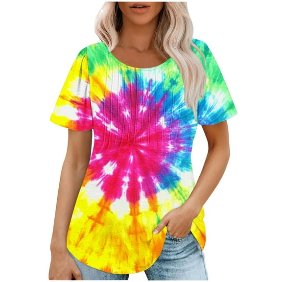 jtjvou Women's Business Work Blouse Going out Tops for Teen Tie Dye Tees Trendy Fashion Plus Size Short Sleeve Blouse Lady Summer Round Neck Tees Multicolor,XXL