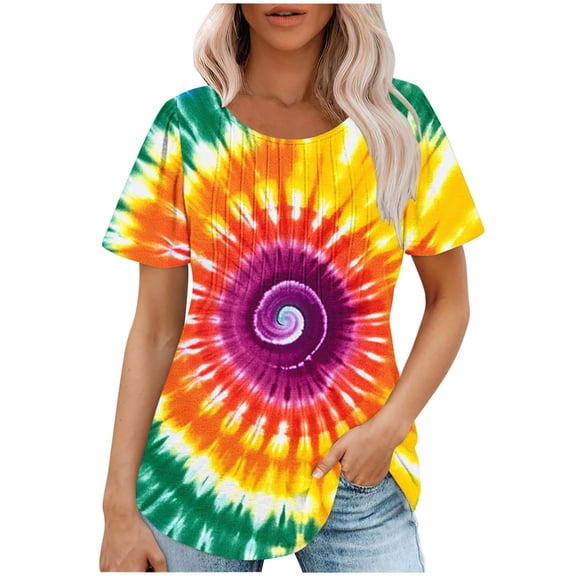 jtjvou Women's Going out Tops for Teen Tie Dye Tops Trendy Fashion Oversize Lady Crewneck Tees Short Sleeve Pullover Summer Multicolor,L