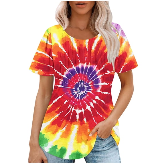 jtjvou Women's Business Work Blouse Oversize Short Sleeve Pullover Going out Tops for Teen Crewneck Blouse Trendy Fashion Summer Tie Dye Tops Lady Multicolor,L
