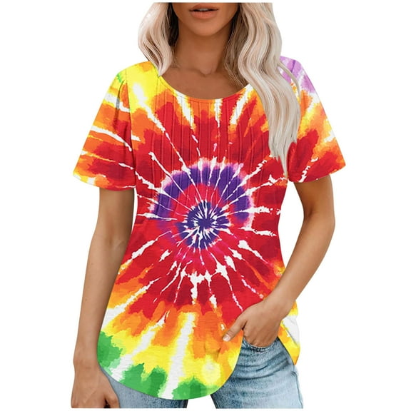 jtjvou Women's Business Work Blouse Oversize Short Sleeve Pullover Going out Tops for Teen Crewneck Blouse Trendy Fashion Summer Tie Dye Tops Lady Multicolor,L