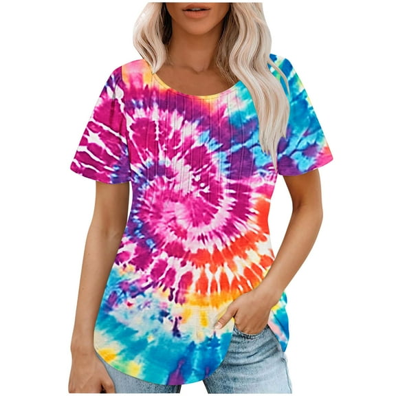 jtjvou Women's Round Neck Blouse Tie Dye Shirts Going out Tops for Teen Summer Trendy Fashion Plus Size Lady Short Sleeve Tees Multicolor,XL
