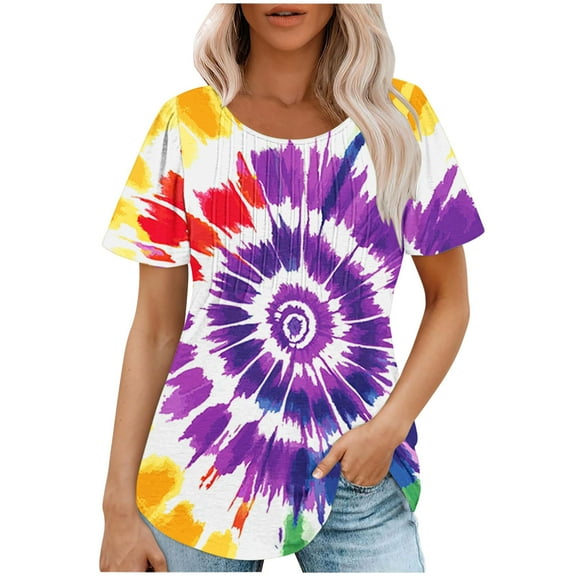 jtjvou Women's Business Work Blouse Round Neck Shirts Tie Dye Tees Going out Tops for Teen Short Sleeve Blouse Trendy Fashion Plus Size Lady Summer Multicolor,XXL