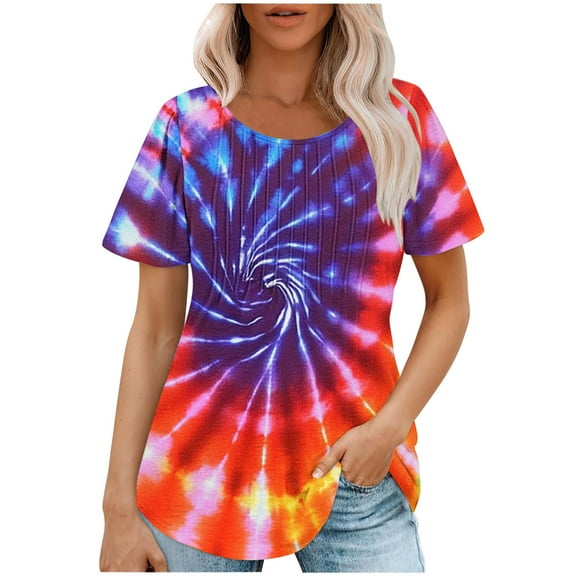 jtjvou Women's Short Sleeve Pullover Crewneck Blouse Going out Tops for Teen Tie Dye Tops Summer Trendy Fashion Plus Size Lady Multicolor,L