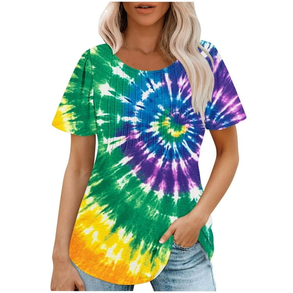 jtjvou Women's Short Sleeve Pullover Crewneck Pullover Trendy Fashion Going out Tops for Teen Summer Lady Tie Dye Tops Oversize Multicolor,L