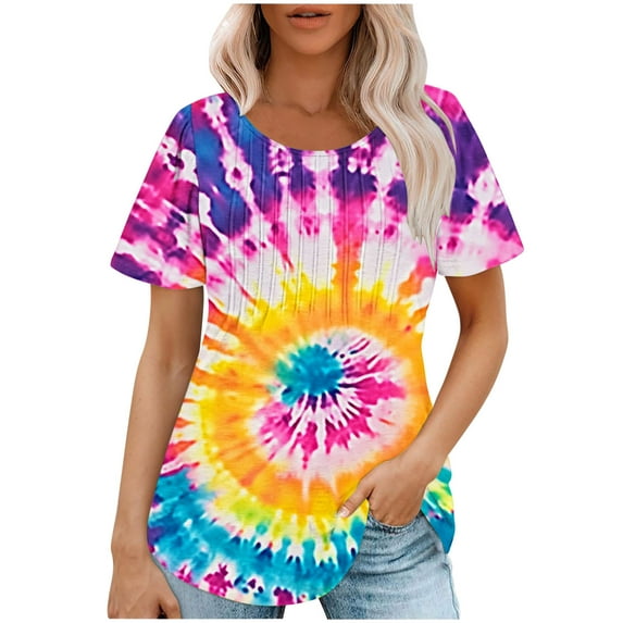 jtjvou Women's Short Sleeve Shirts Crewneck Tees Trendy Fashion Lady Oversize Going out Tops for Teen Tie Dye Tuinc Summer Multicolor,L