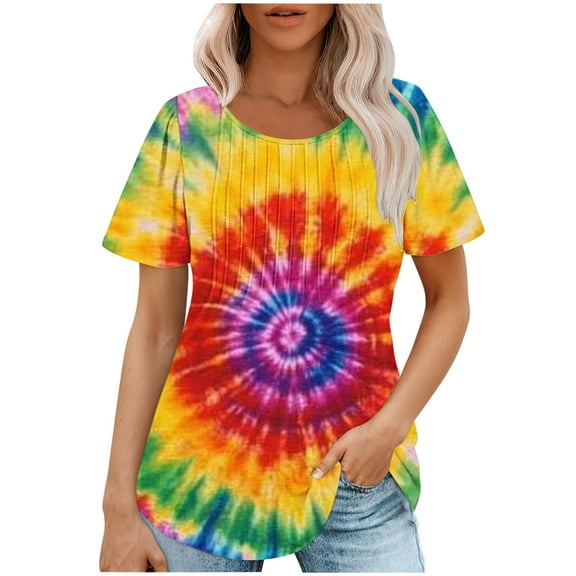 jtjvou Women's Short Sleeve Tees Round Neck Blouse Trendy Fashion Lady Tie Dye Shirts Summer Going out Tops for Teen Oversize Multicolor,L
