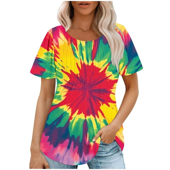 jtjvou Women's Summer Short Sleeve Pullover Going out Tops for Teen Tie Dye Tops Crewneck Tuinc Trendy Fashion Lady Oversize Multicolor,L