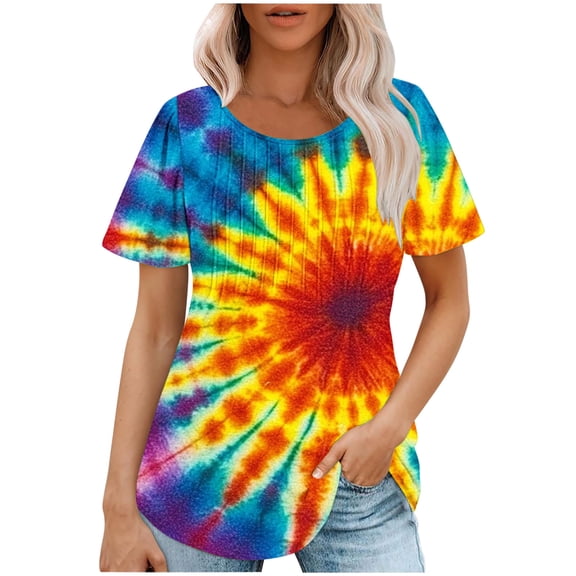 jtjvou Women's Summer Short Sleeve Pullover Going out Tops for Teen Tie Dye Tops Lady Trendy Fashion Round Neck Pullover Plus Size Multicolor,S