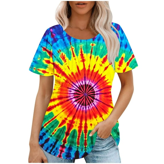 jtjvou Women's Summer Short Sleeve Shirts Going out Tops for Teen Crewneck Shirts Casual Loose Trendy Fashion Lady Tie Dye Tuinc Multicolor,XL