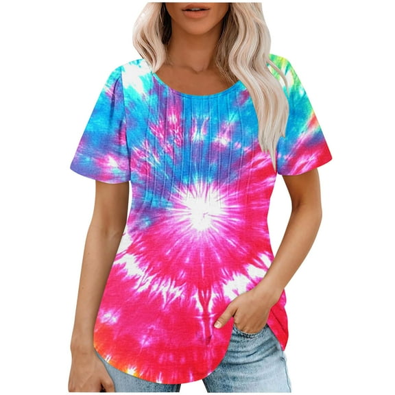 jtjvou Women's Business Work Blouse Summer Short Sleeve Tees Going out Tops for Teen Round Neck Shirts Trendy Fashion Tie Dye Shirts Oversize Lady Multicolor,L