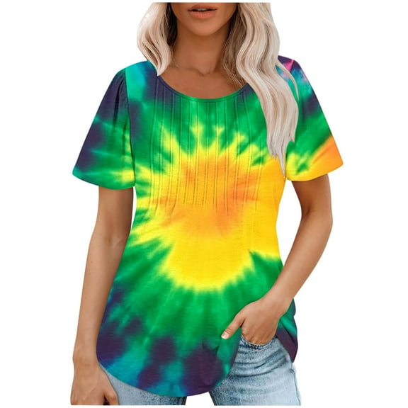 jtjvou Women's Summer Short Sleeve Tops Going out Tops for Teen Round Neck Tuinc Tie Dye Blouse Trendy Fashion Casual Loose Lady Multicolor,L