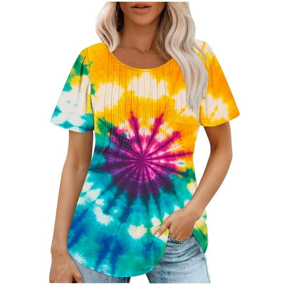 jtjvou Women's Business Work Blouse Summer Short Sleeve Tops Going out Tops for Teen Tie Dye Blouse Round Neck Tuinc Casual Loose Trendy Fashion Lady Multicolor,XL