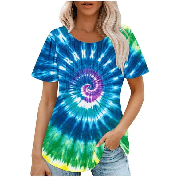 jtjvou Women's Summer Short Sleeve Tuinc Going out Tops for Teen Round Neck Blouse Lady Tie Dye Pullover Plus Size Trendy Fashion Multicolor,M
