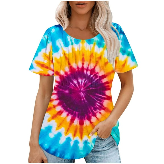 jtjvou Women's Tie Dye Print Pullover Going out Tops for Teen Summer Trendy Fashion Short Sleeve Tuinc Round Neck Blouse Casual Loose Multicolor,XL