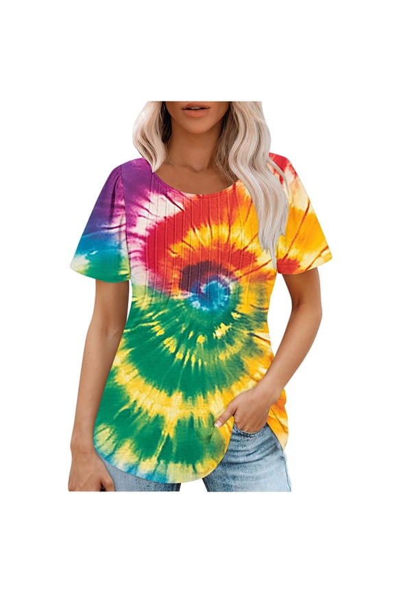 Women's Tie Dye Pullover Going out Tops for Teen Casual Loose Round Neck Shirts Trendy Fashion Short Sleeve Tuinc Summer Multicolor,L