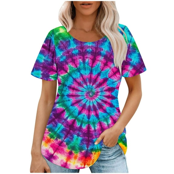 jtjvou Women's Business Work Blouse Tie Dye Shirts Going out Tops for Teen Summer Short Sleeve Tees Oversize Round Neck Pullover Trendy Fashion Multicolor,L