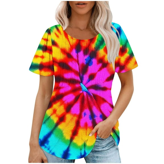 jtjvou Women's Tie Dye Tees Going out Tops for Teen Casual Loose Summer Short Sleeve Blouse Trendy Fashion Crewneck Shirts Multicolor,M
