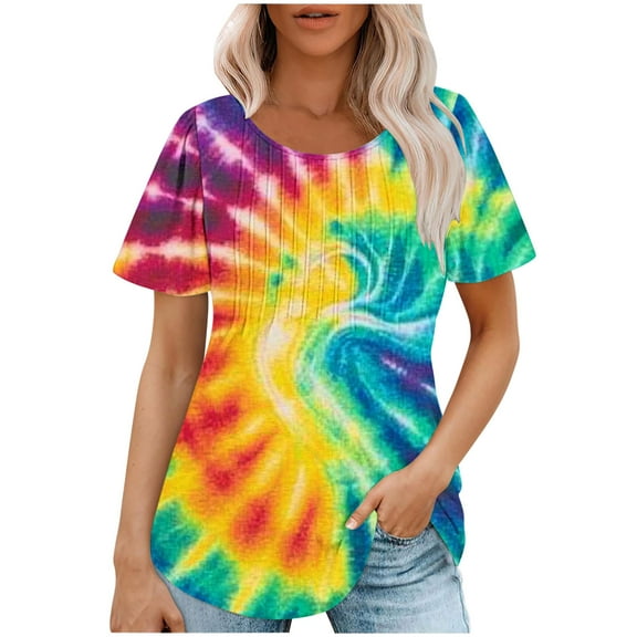 jtjvou Women's Business Work Blouse Tie Dye Tuinc Going out Tops for Teen Oversize Short Sleeve Shirts Summer Round Neck Shirts Trendy Fashion Multicolor,S
