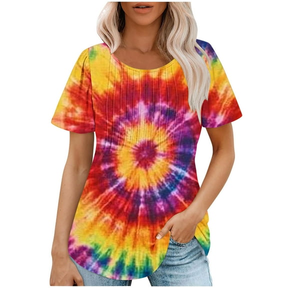 jtjvou Women's Business Work Blouse Tie Dye Tuinc Going out Tops for Teen Summer Casual Loose Crewneck Tees Trendy Fashion Short Sleeve Shirts Multicolor,L
