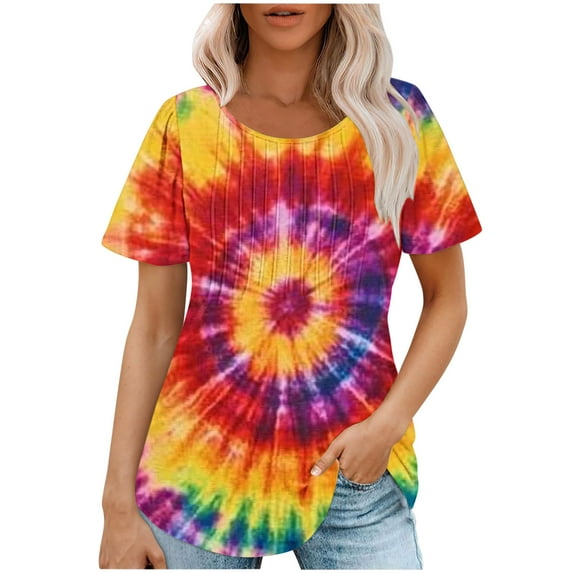jtjvou Women's Business Work Blouse Tie Dye Tuinc Going out Tops for Teen Summer Casual Loose Crewneck Tees Trendy Fashion Short Sleeve Shirts Multicolor,L
