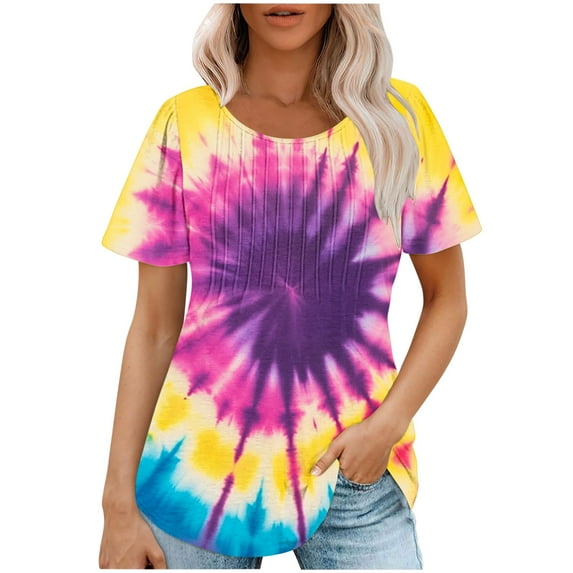 jtjvou Women's Trendy Fashion Short Sleeve Tops Going out Tops for Teen Summer Oversize Tie Dye Blouse Round Neck Tuinc Lady Multicolor,XL