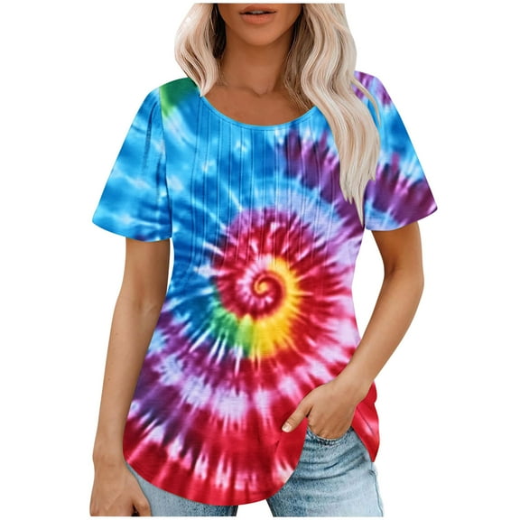 jtjvou Women's Trendy Fashion Short Sleeve Tops Going out Tops for Teen Summer Round Neck Pullover Lady Tie Dye Blouse Casual Loose Multicolor,XL