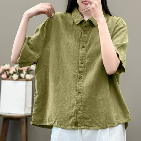 jtjvou Women's Button Down Cotton Linen Shirt Short Sleeve Collar Solid Color Blouse Summer Trendy Casual Loose Beach Tops Green XXL 4