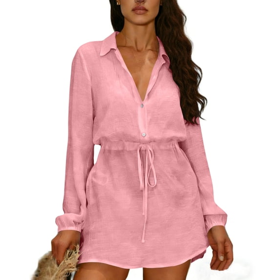 jtjvou Women's Button Down Shirt Dress Long Sleeve Collared Drawstring Waist Mini Dress Summer Spring Beach Casual Sundress Pink M