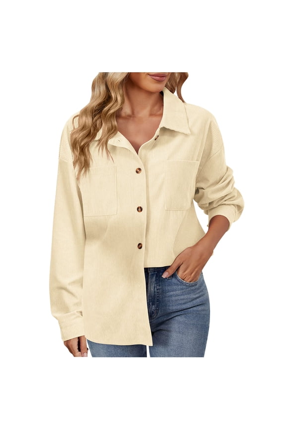 Women's Button Down Shirts 2025 Fall Long Sleeve Textured Stripe Tops Oversized Shacket Jacket Knit Blouses Beige XXL