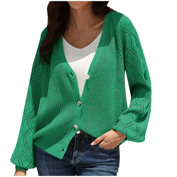 jtjvou Women's Cable Knit Long Sleeve Open Front Cardigan V-Neck Button Down Loose Sweater Coat Outwear Green M