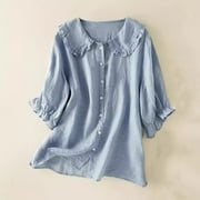 jtjvou Womens Casual Cotton Linen Button Up Lapel Doll Collar Shirt Spring Summer Ruffled Half Sleeve Loose Solid Blouse Top Blue XL