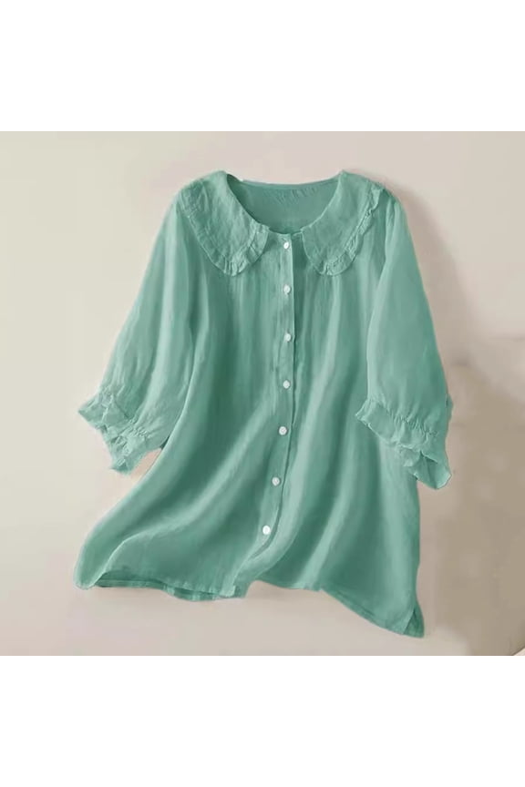 Women's Casual Cotton Linen Button Up Lapel Doll Collar Shirt Spring Summer Ruffled Half Sleeve Loose Solid Blouse Top Green L