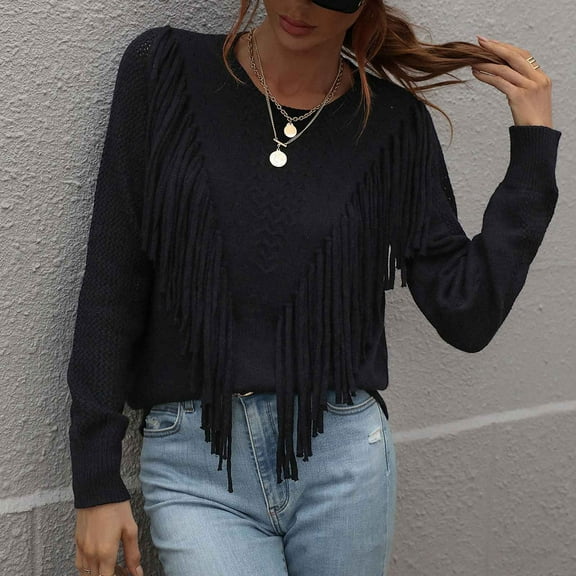 jtjvou Women's Casual Crewneck Fringe Tassel Knitted Pullover Sweater Jumper Tops,Black,L