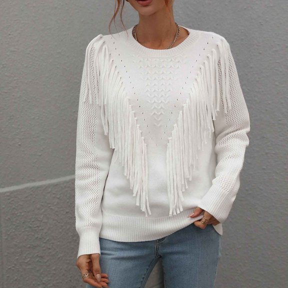 jtjvou Women's Casual Crewneck Fringe Tassel Knitted Pullover Sweater Jumper Tops,White,XL